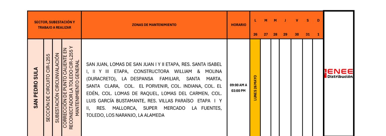 Zonas de Honduras estarán sin energía eléctrica el lunes 26 de mayo.