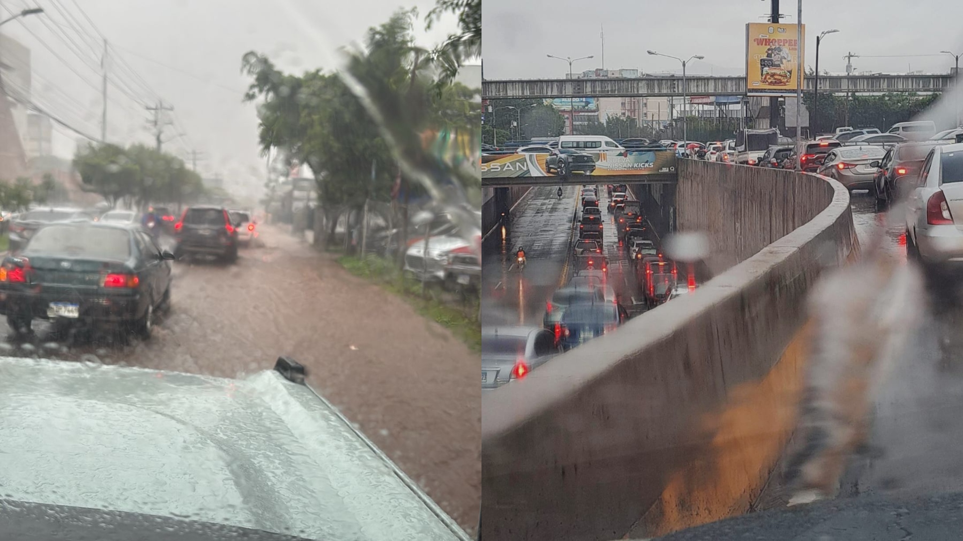 Calles inundadas y tráfico pesado en Tegucigalpa tras intensas lluvias