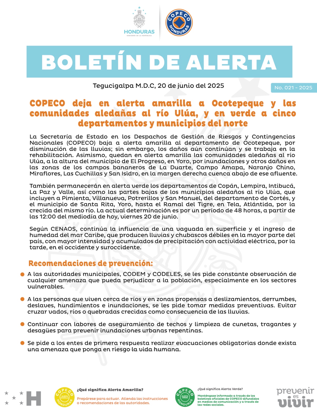 Copeco mantiene alerta amarilla en Ocotepeque y comunidades cercanas al río Ulúa; reduce nivel de alerta en cinco departamentos