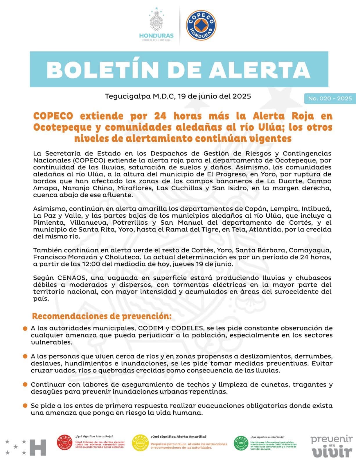 Copeco mantiene la alerta roja en Ocotepeque y zonas del Ulúa ante nuevas amenazas por lluvias