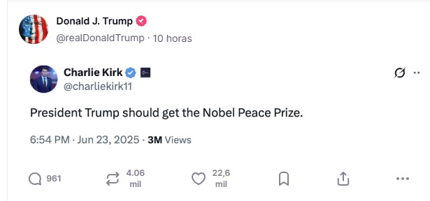 Proponen a Donald Trump para el Nobel de la Paz por su rol en el alto al fuego entre Israel e Irán