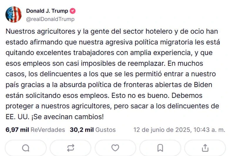 El anuncio de Donald Trump respecto a sus nuevas políticas migratorias. Foto: captura de pantalla de Truth Social/@RealDonaldTrump