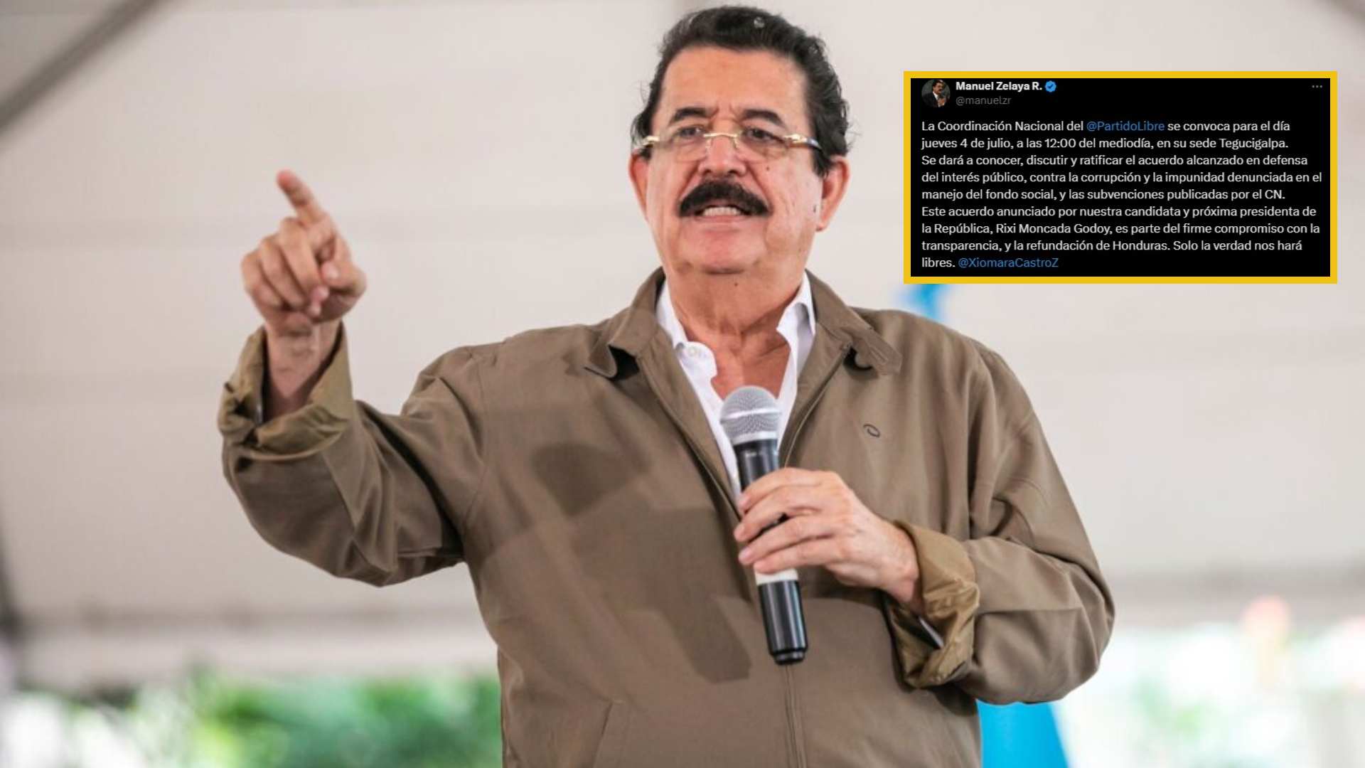 Manuel Zelaya convoca a la Coordinación de Libre a reunión para ratificar acuerdo anticorrupción impulsado por Rixi Moncada