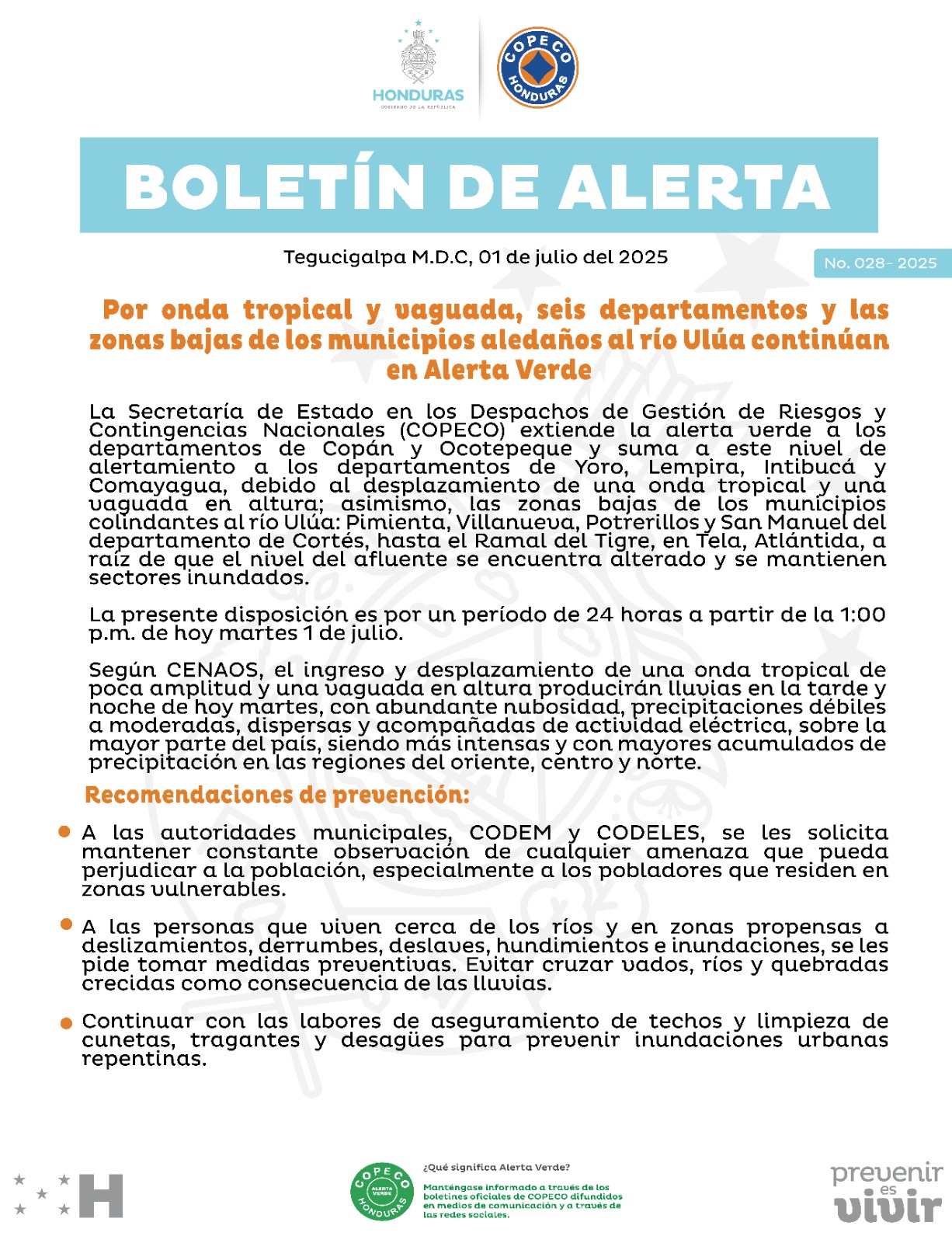 Alerta Verde Seis departamentos y zonas cercanas al río Ulúa continúan bajo Alerta Verde por efectos de onda tropical