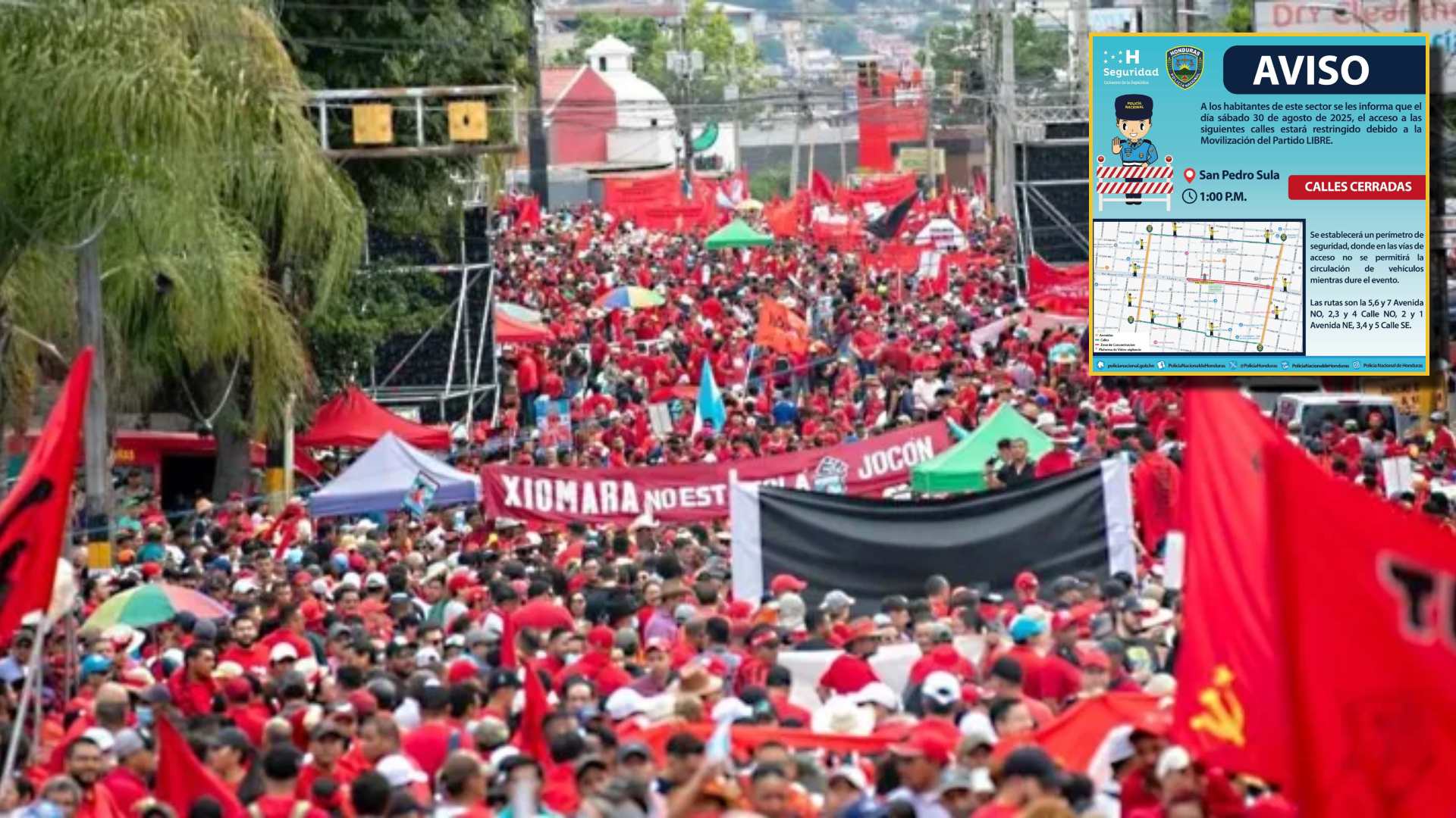 Estas son las calles cerradas en San Pedro Sula por la movilización de Libre y sus horarios