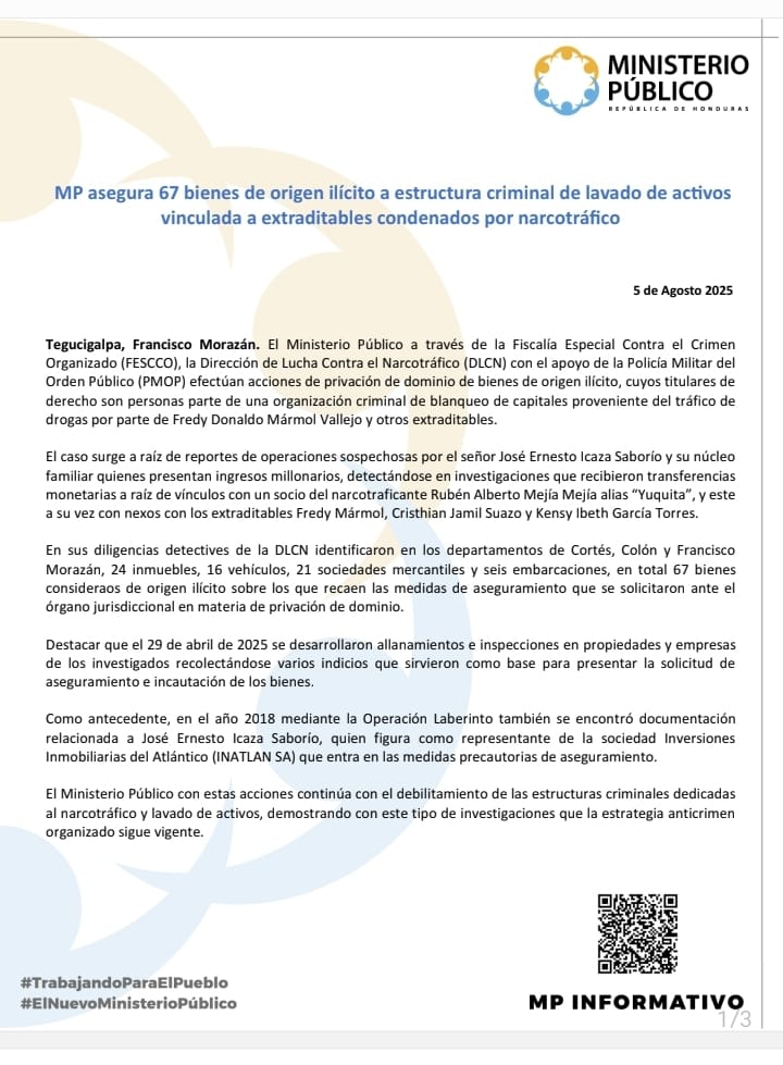 Ministerio Público Ministerio Público asegura 67 bienes ligados a red de lavado vinculada a extraditables