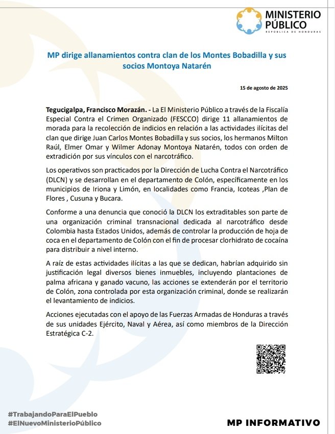Ministerio Público ejecuta allanamientos contra clan Montes Bobadilla y socios Montoya Natarén en Colón
