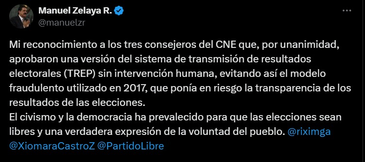 Manuel Zelaya celebra aprobación unánime del nuevo flujo del TREP y destaca triunfo de la democracia