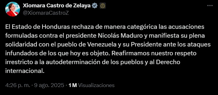 Reacciones en Honduras por mensaje de solidaridad de Xiomara Castro a Nicolás Maduro
