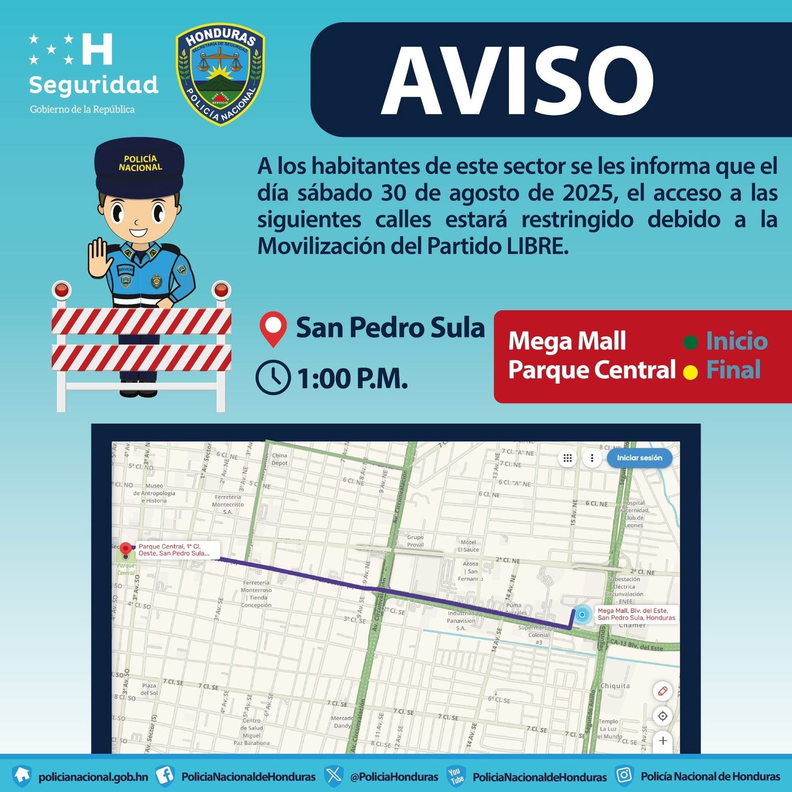 Horarios y calles cerradas por movilización de Libre en San Pedro Sula