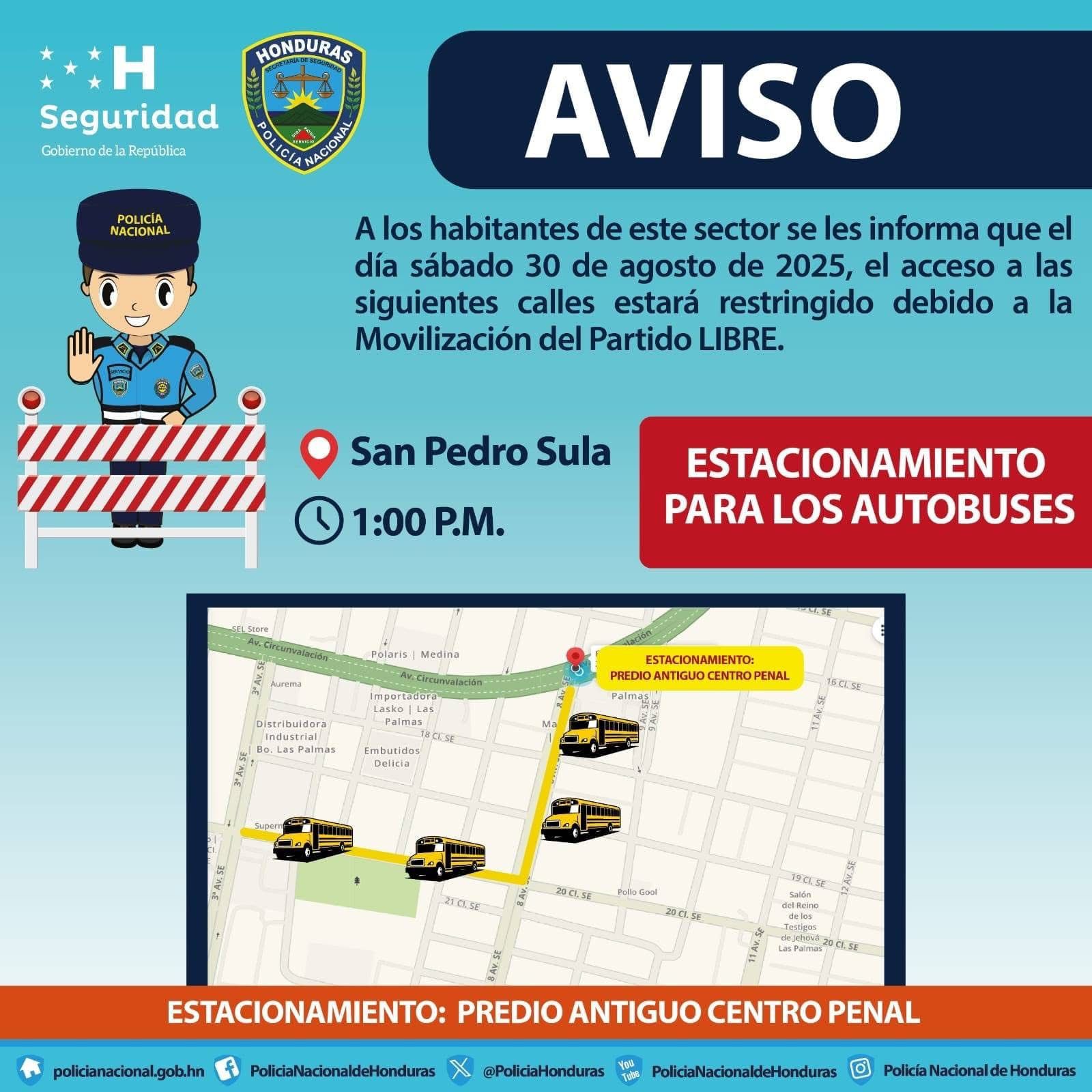 Horarios y calles cerradas por movilización de Libre en San Pedro Sula