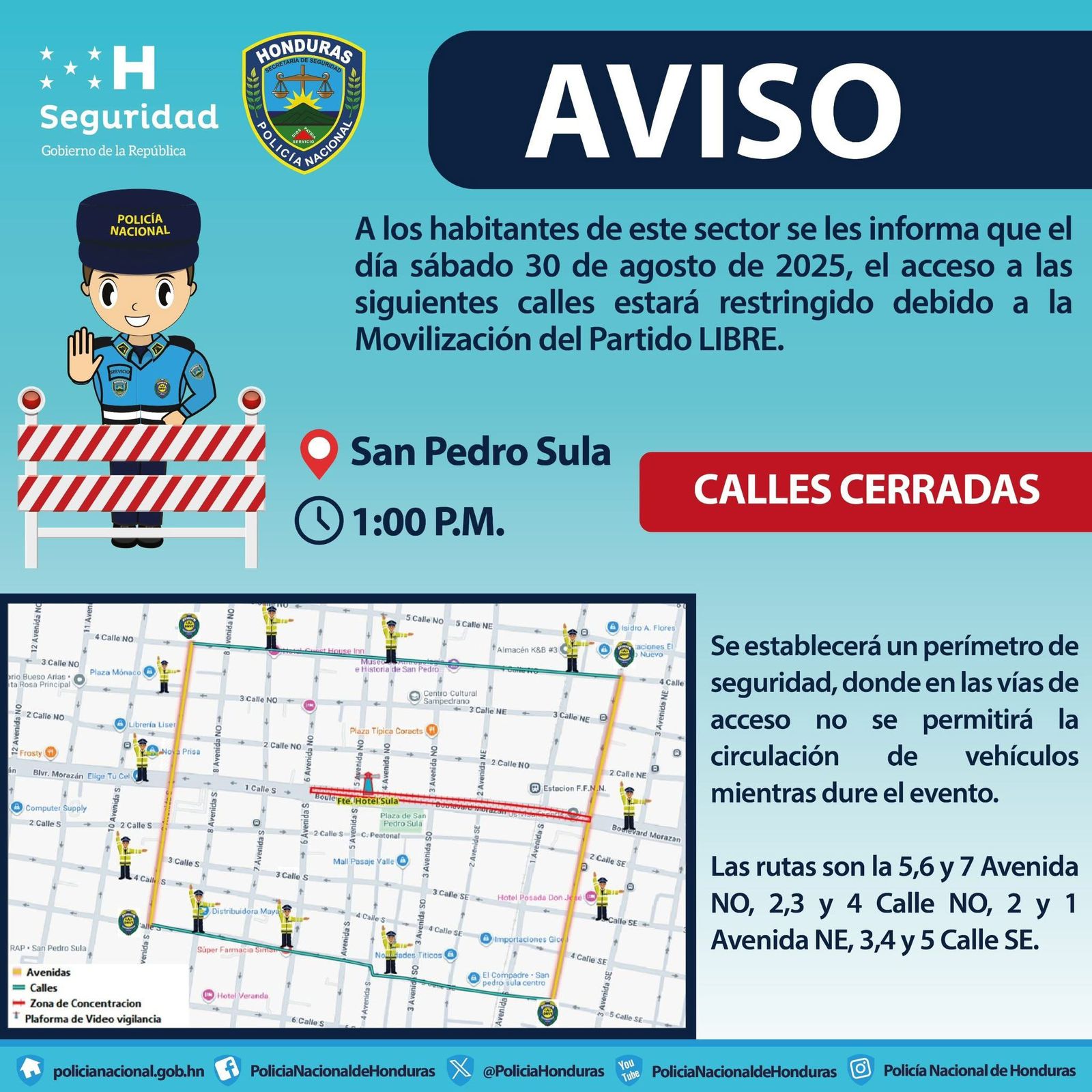 Horarios y calles cerradas por movilización de Libre en San Pedro Sula