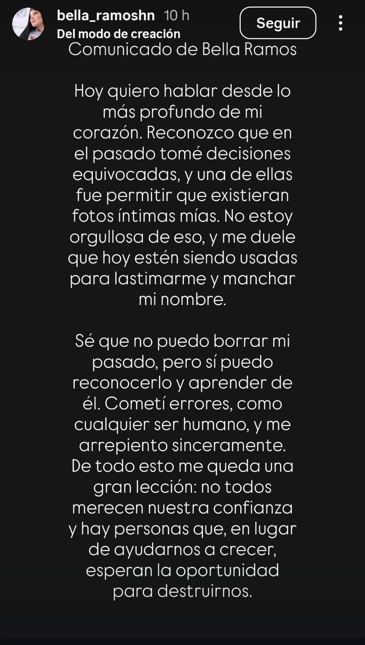 Bella Ramos comunicado Instagram