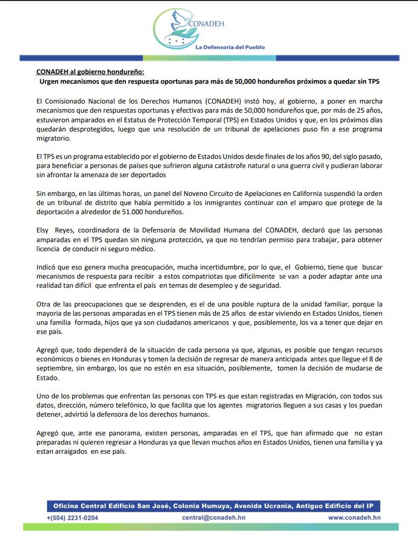 TPS TPS para hondureños en EE. UU. llega a su fin: Conadeh pide apoyo urgente del gobierno