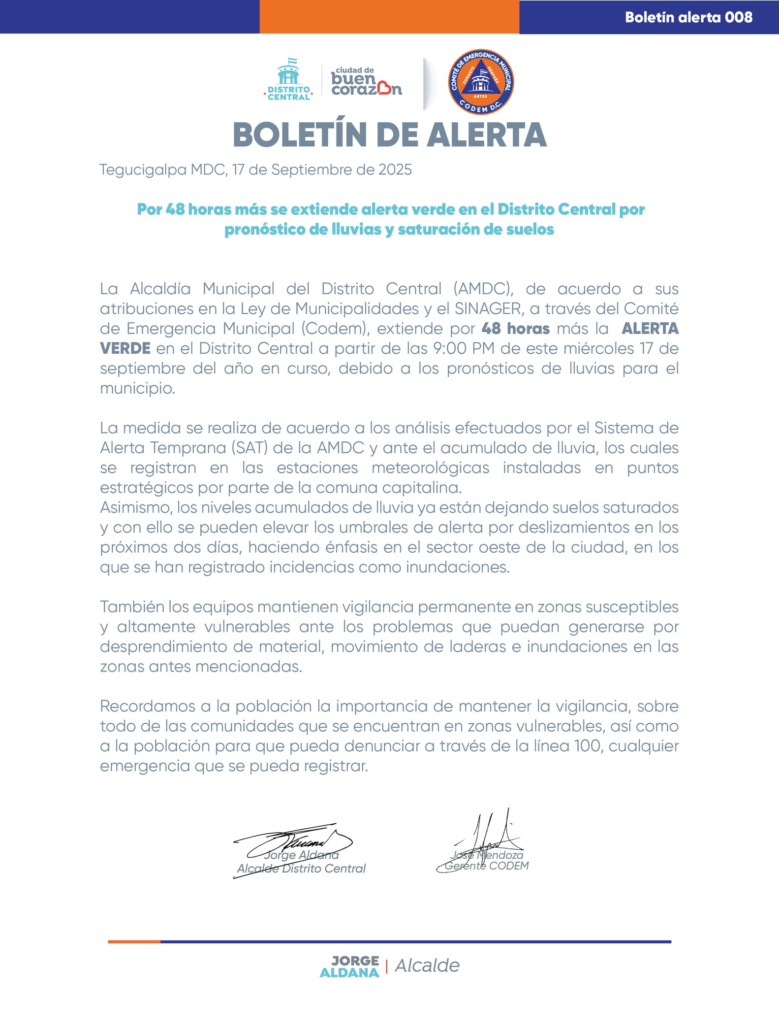 Extienden alerta verde en Distrito central por lluvias