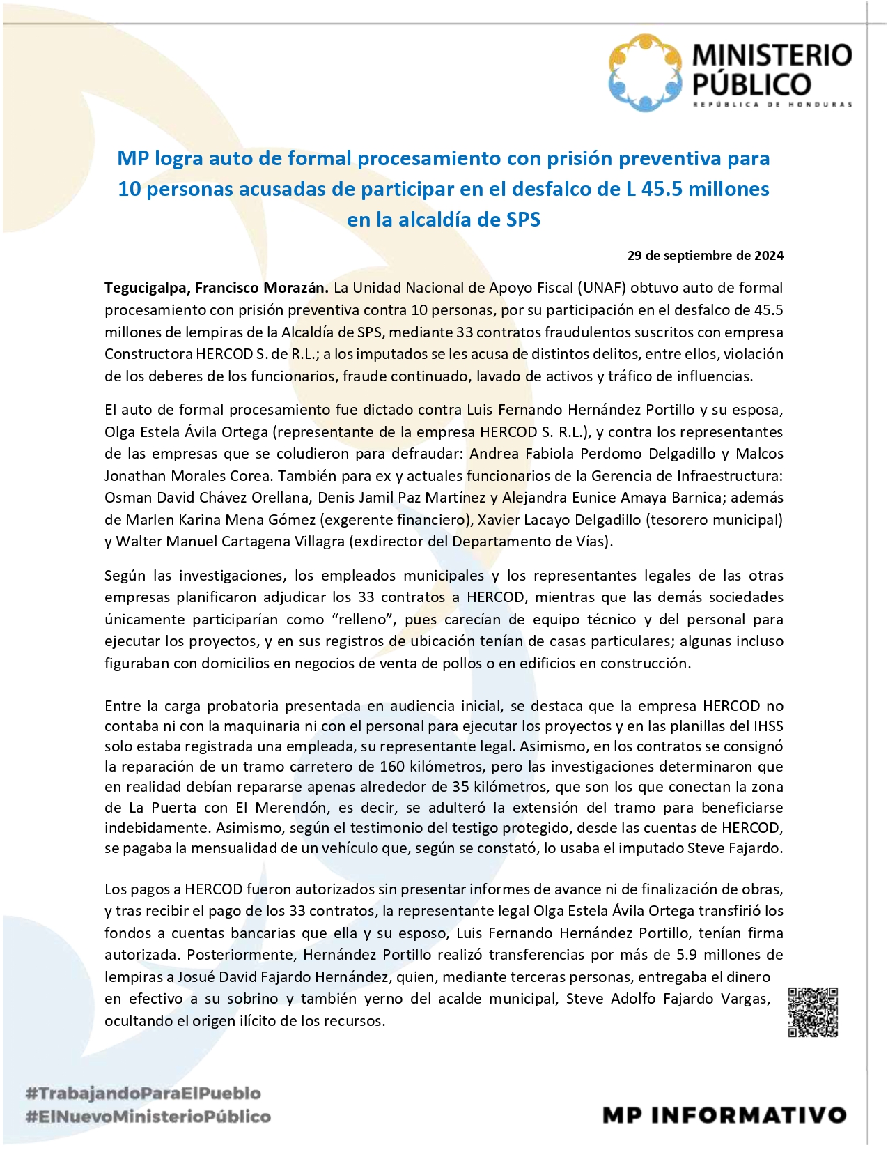 MP logra auto de formal procesamiento con prisión preventiva para 10 personas implicadas en desfalco de L 45.5 millones en alcaldía de SPS