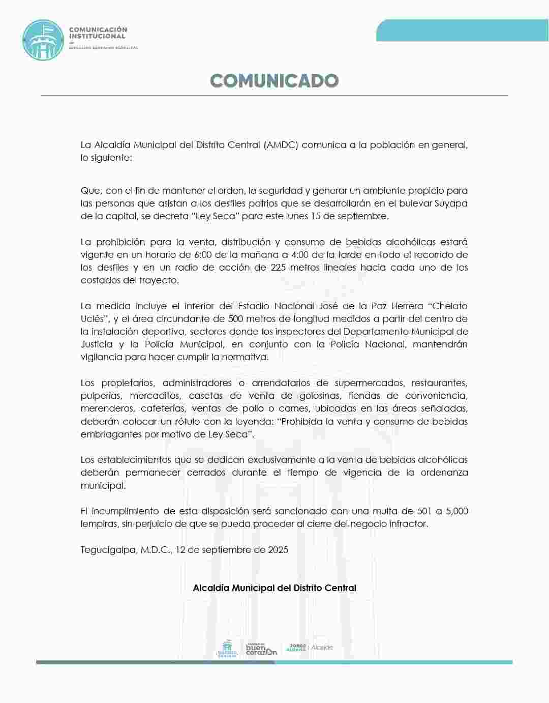AMDC decreta Ley Seca por desfiles patrios este 15 de septiembre en Tegucigalpa