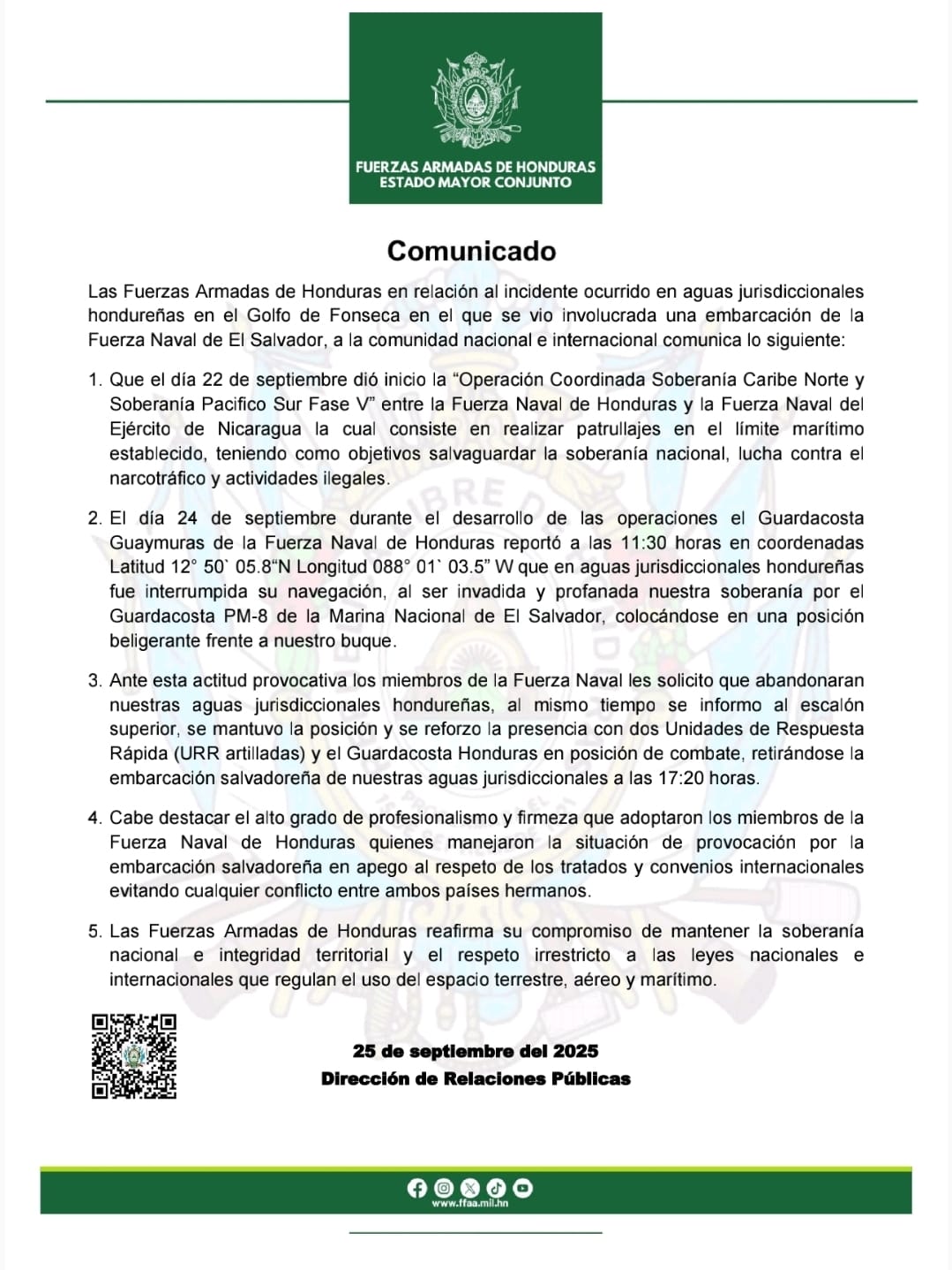 Fuerzas Armadas de Honduras denuncian incursión de embarcación salvadoreña en el Golfo de Fonseca