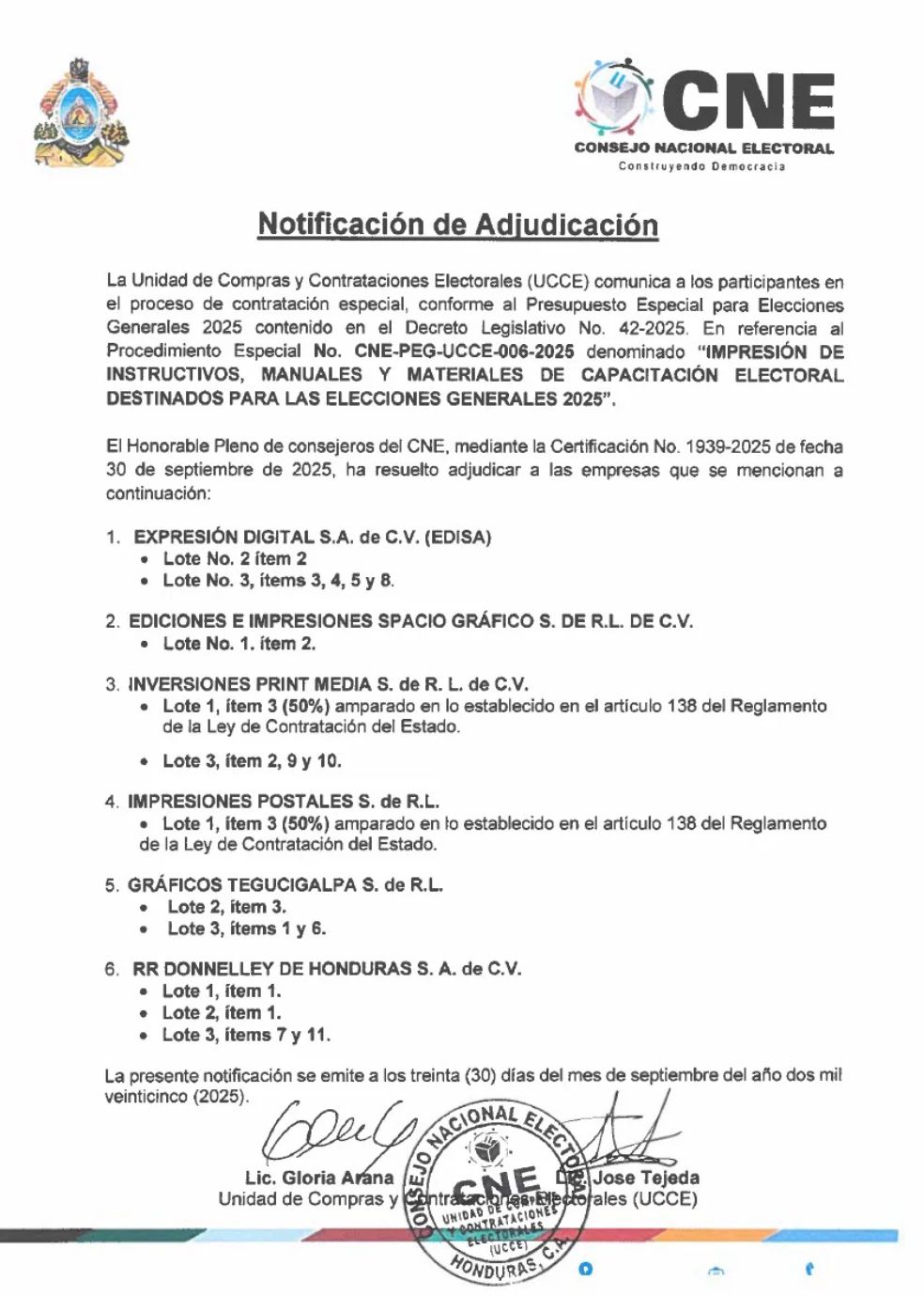 CNE adjudica contratos para impresión de materiales de capacitación electoral rumbo a elecciones 2025
