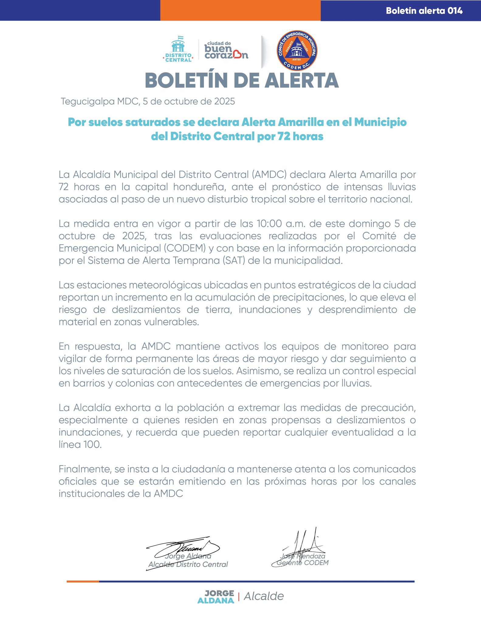 AMDC declara Alerta Amarilla en Tegucigalpa por suelos saturados durante 72 horas