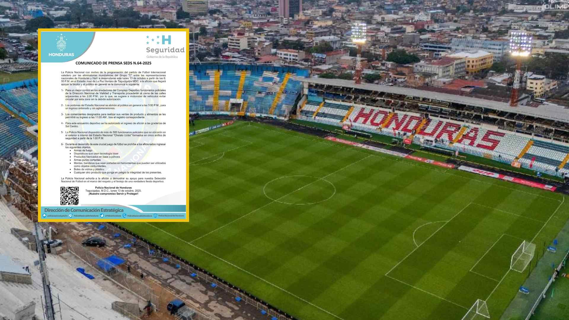 Policía Nacional anuncia cierre de calles por el partido Honduras vs Haití en Tegucigalpa