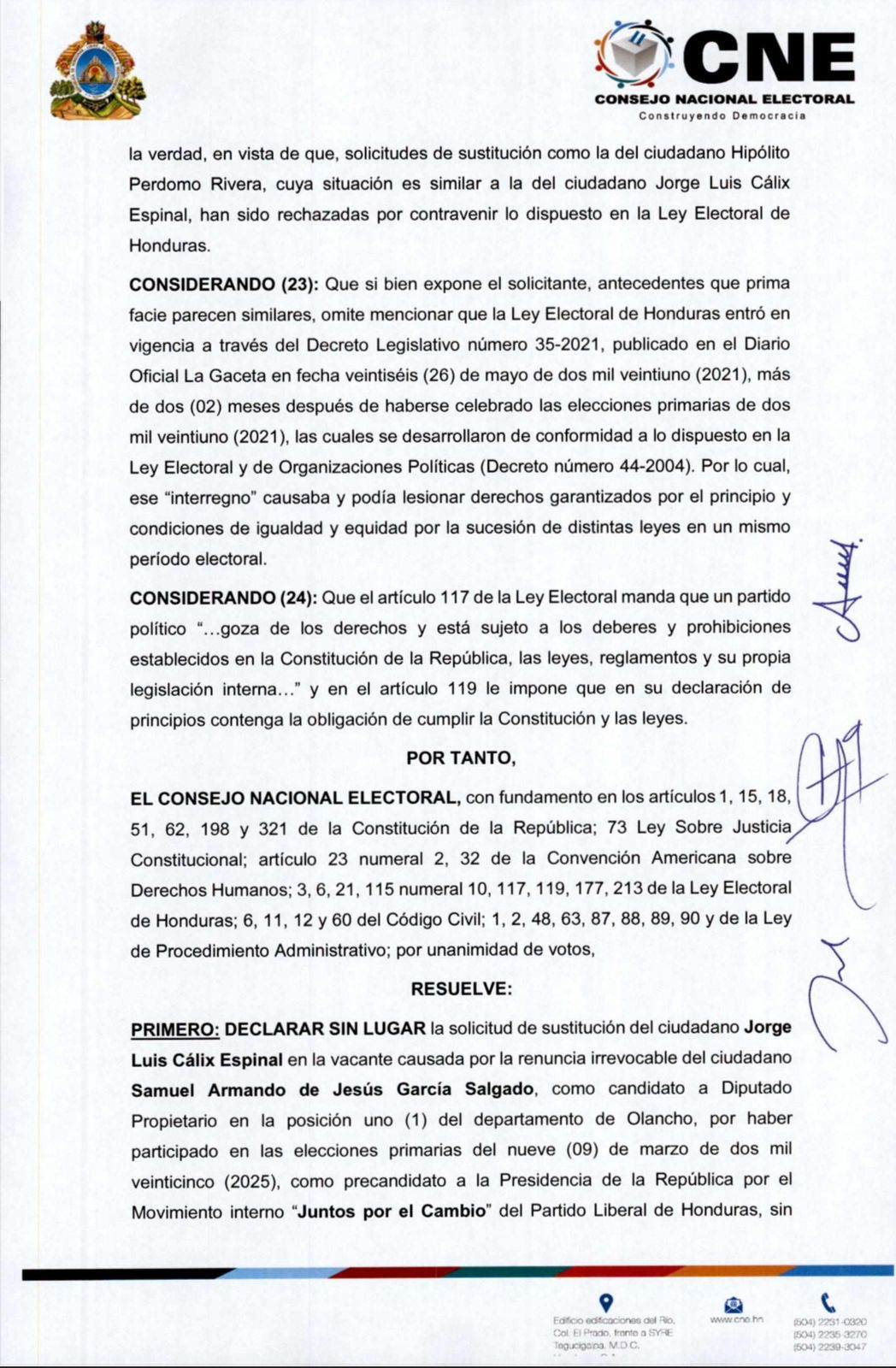 CNE rechaza por unanimidad la inscripción de Jorge Cálix como candidato a diputado por Olancho
