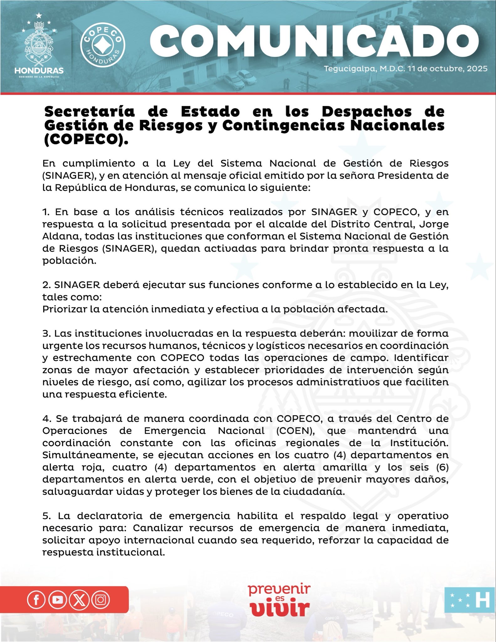Lluvias Honduras Gobierno activa el Sistema Nacional de Gestión de Riesgos ante emergencia por lluvias en Honduras