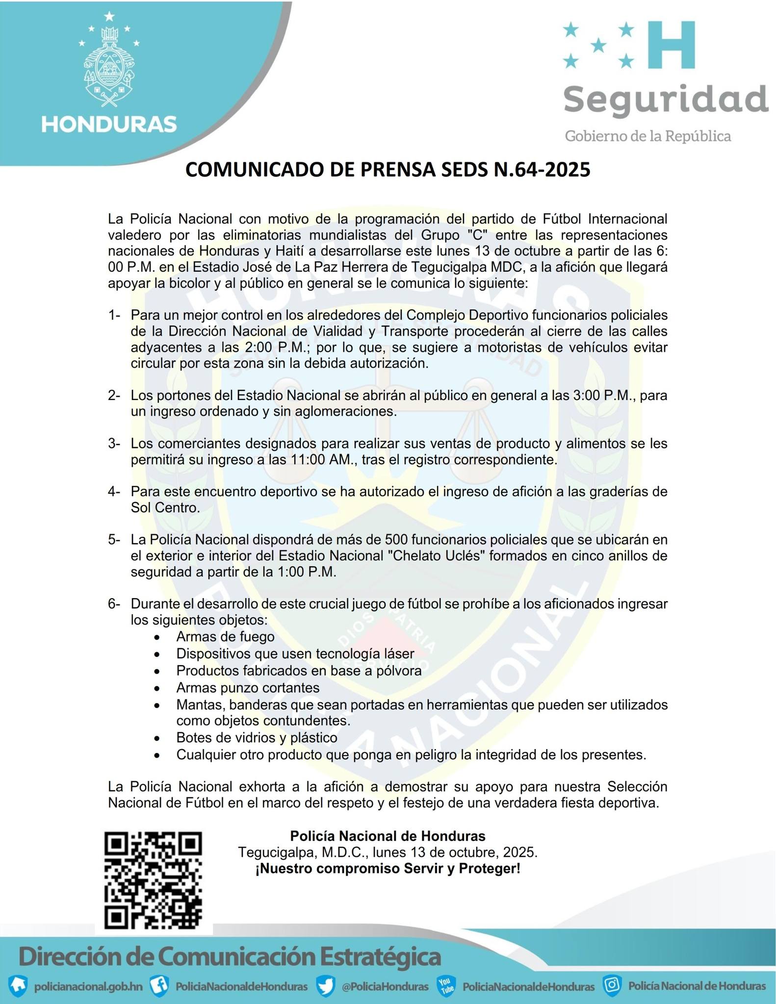 Policía Nacional anuncia cierre de calles por el partido Honduras vs Haití en Tegucigalpa