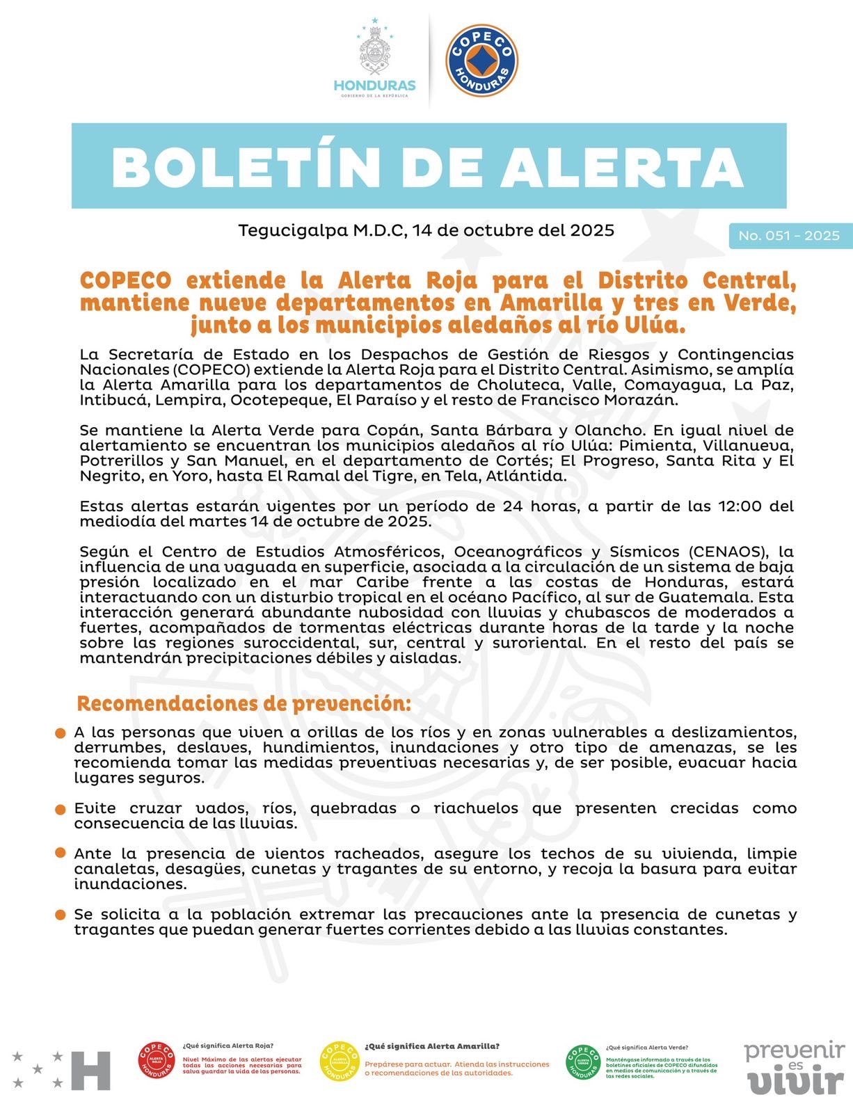 Alerta Roja Copeco amplía la Alerta Roja en el Distrito Central y mantiene nueve departamentos en Amarillo