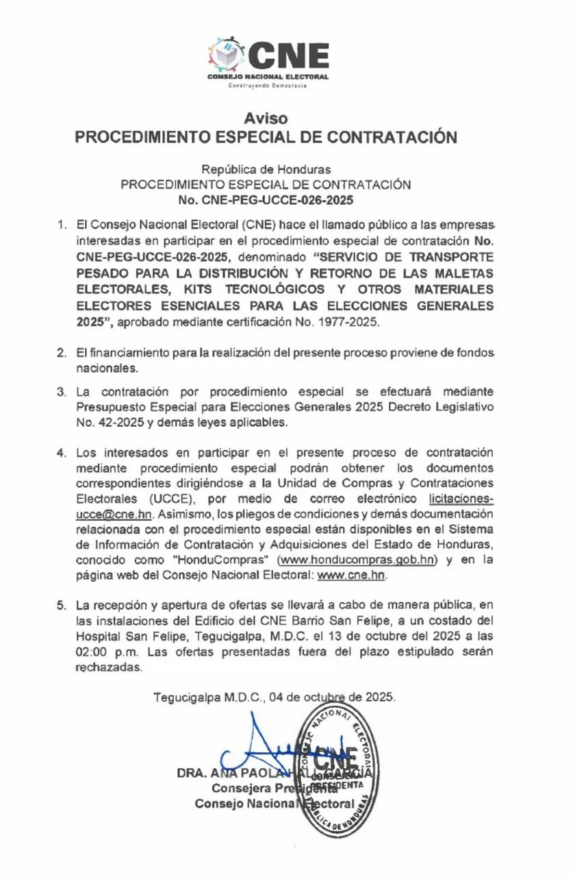 CNE anuncia proceso especial de contratación para servicio de transporte electoral rumbo a elecciones generales