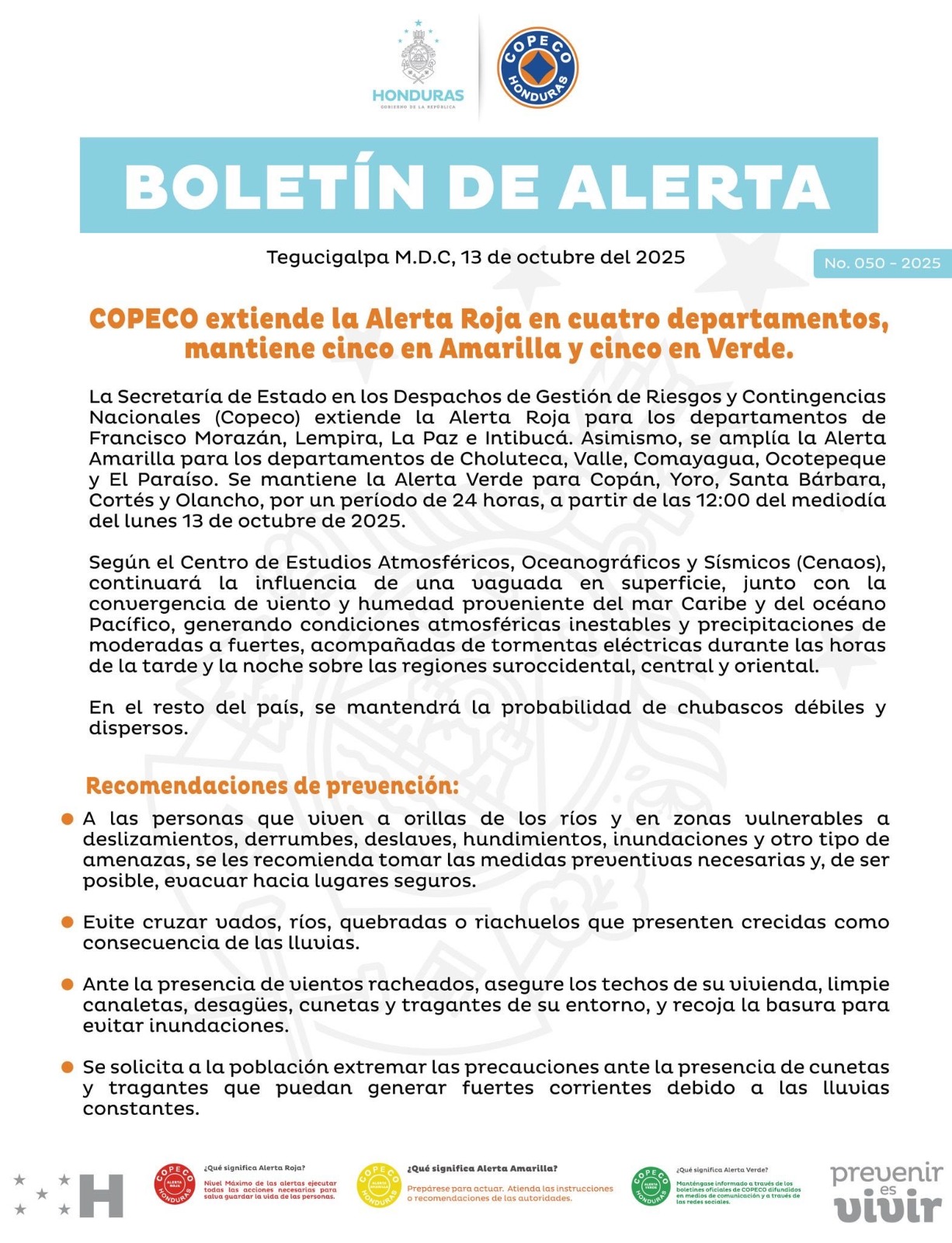 Alerta Roja Copeco mantiene Alerta Roja en cuatro departamentos y amplía la Amarilla por fuertes lluvias