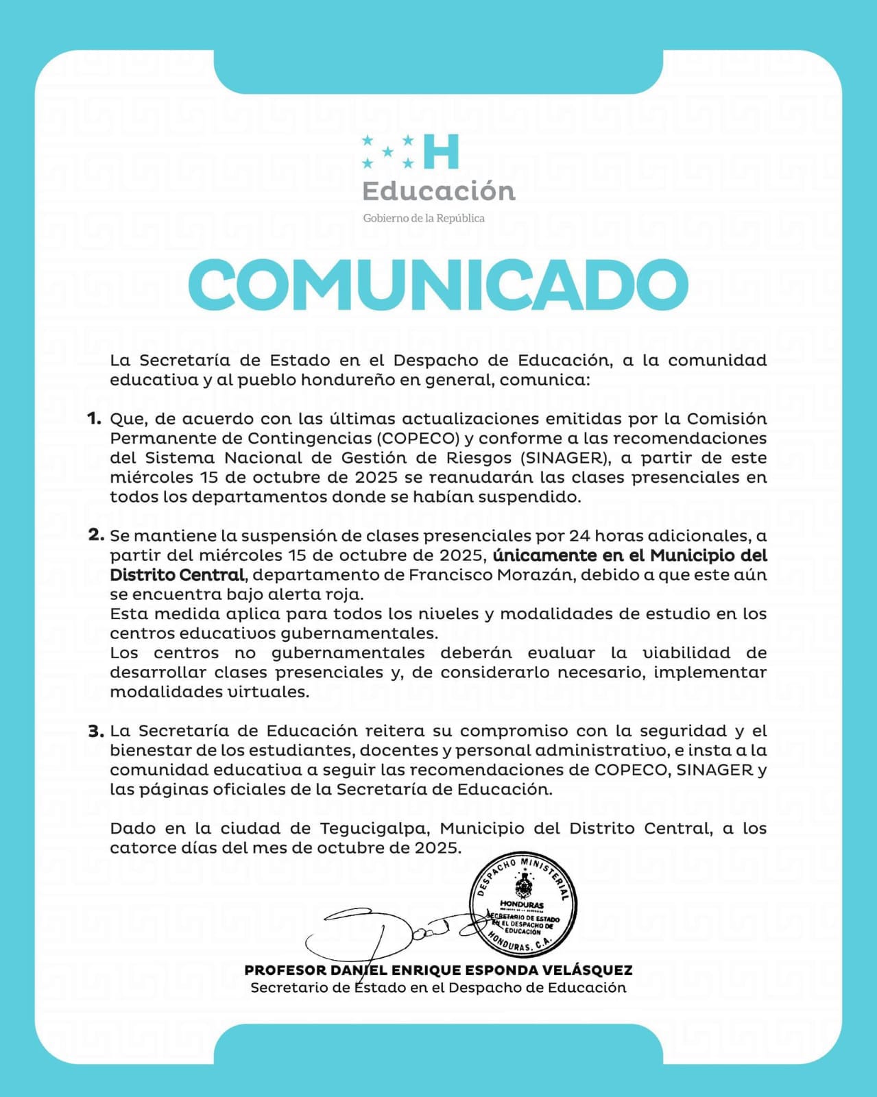 Distrito Central mantiene suspensión de clases por lluvias