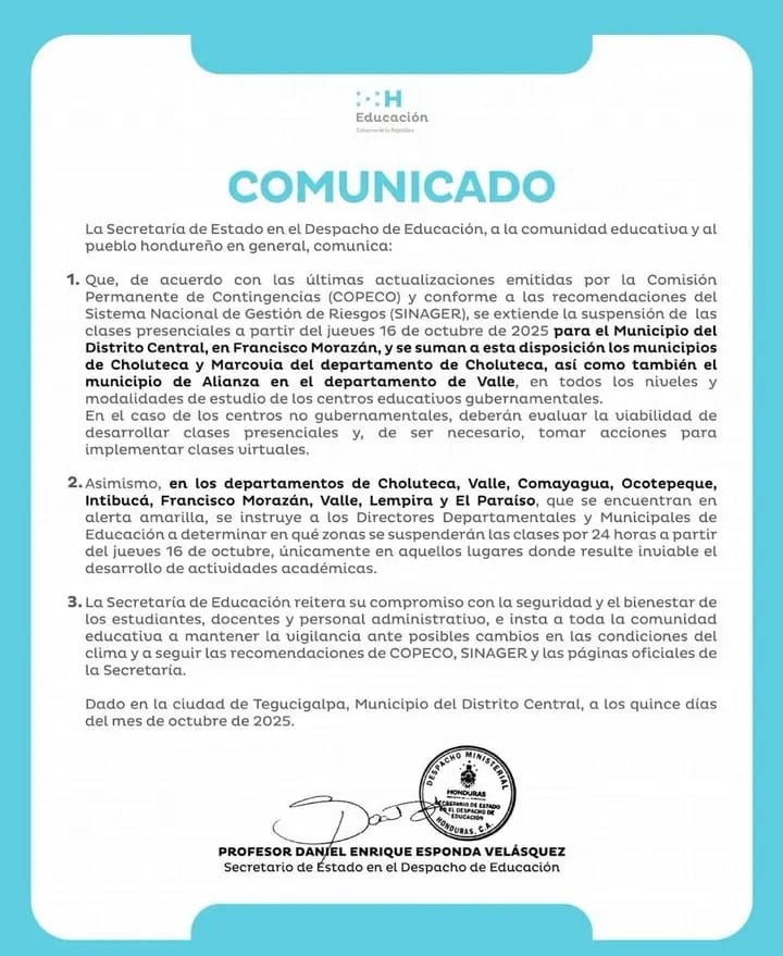 Secretaría de Educación extiende suspensión de clases presenciales en varios departamentos del país