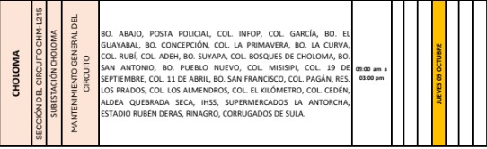 Cortes de energía eléctrica en Honduras el jueves 9 de octubre