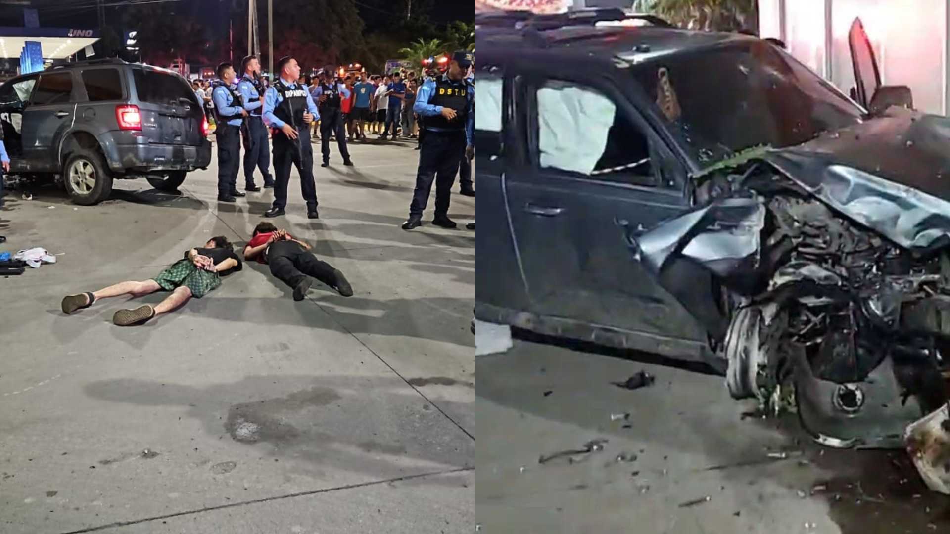 VIDEOGALERÍA| Persecución termina con un auto chocado y grupo de asaltantes detenido en San Pedro Sula