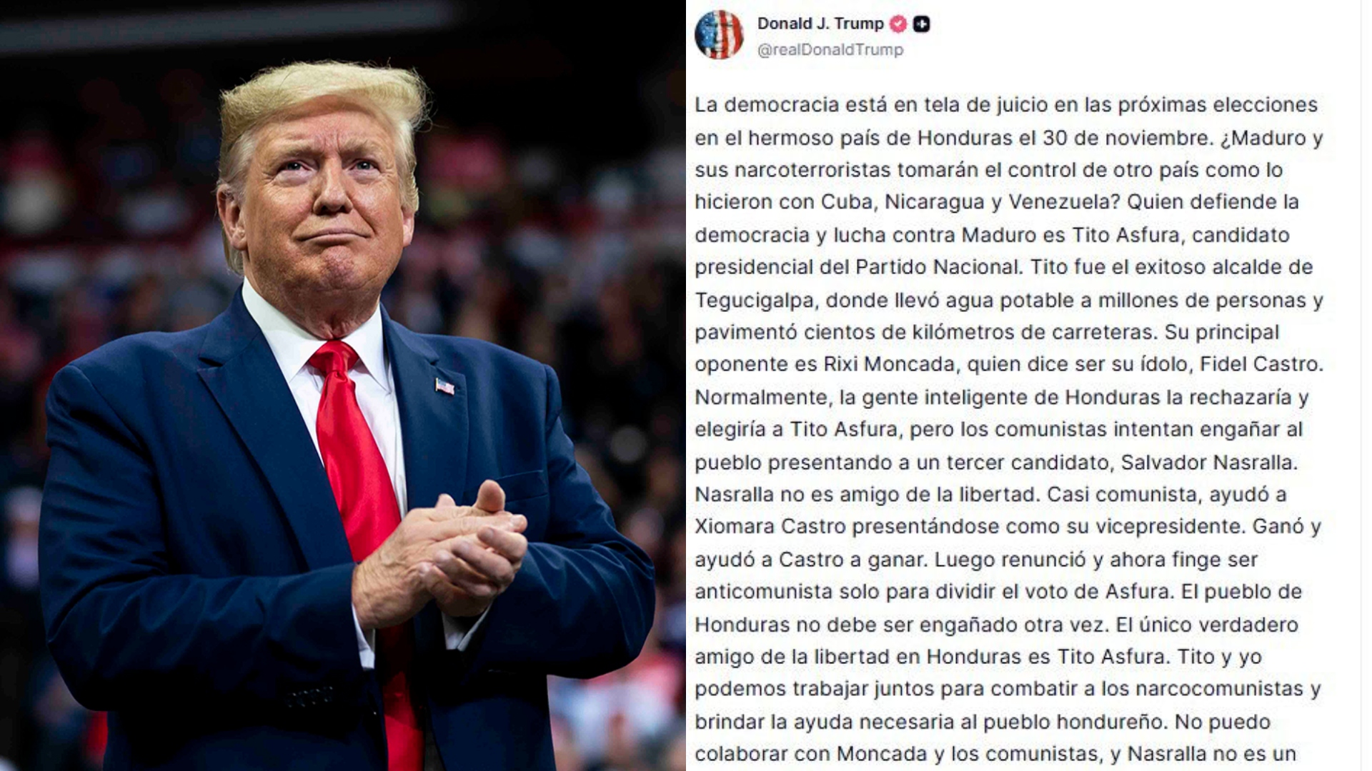 Las 5 claves del polémico mensaje de Donald Trump sobre los candidatos presidenciales de Honduras