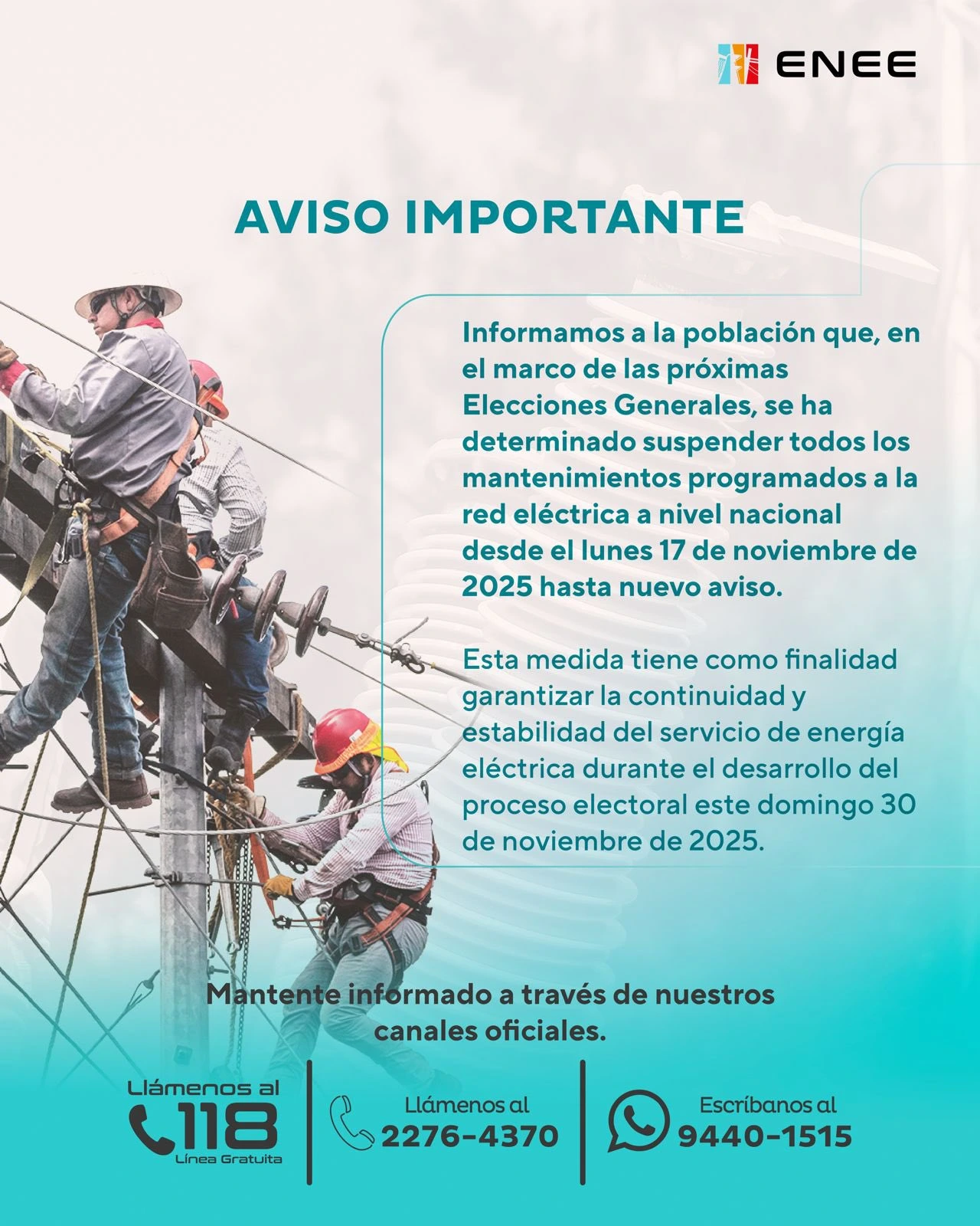 ENEEE ENEE suspende mantenimientos eléctricos a nivel nacional previo a las elecciones generales