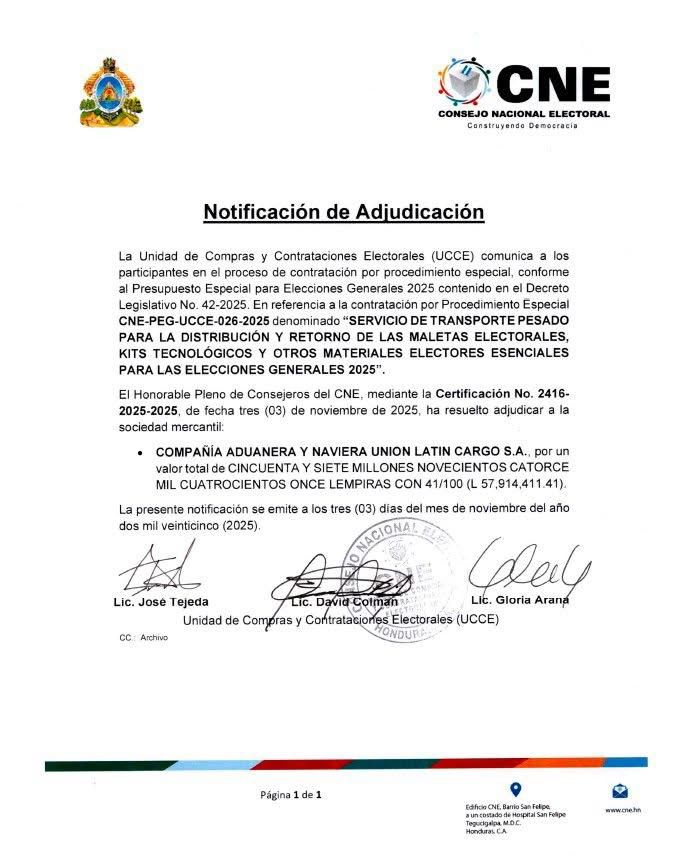 CNE adjudica contrato de transporte para elecciones generales 2025