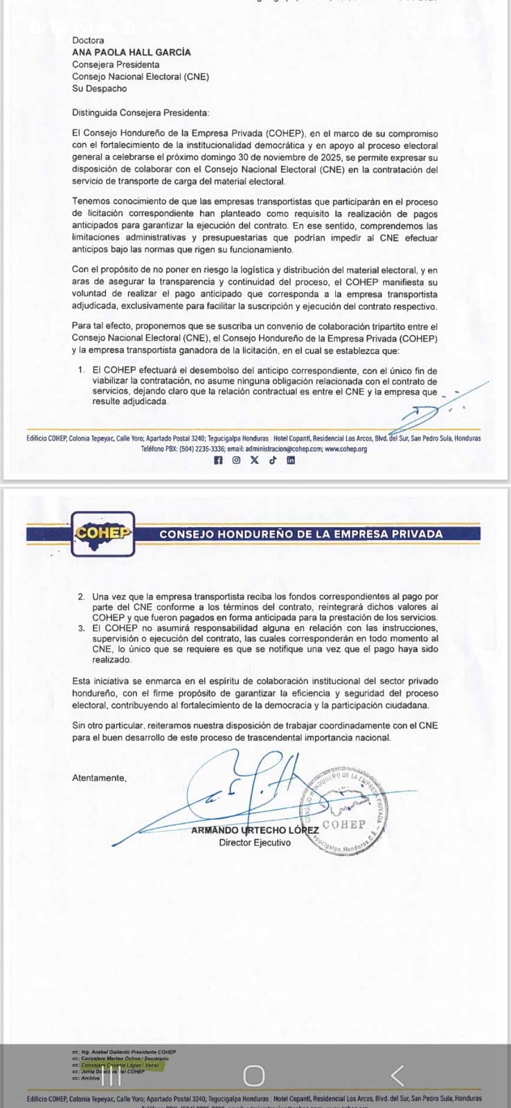 Cohep ofrece apoyo financiero al CNE para garantizar logística electoral