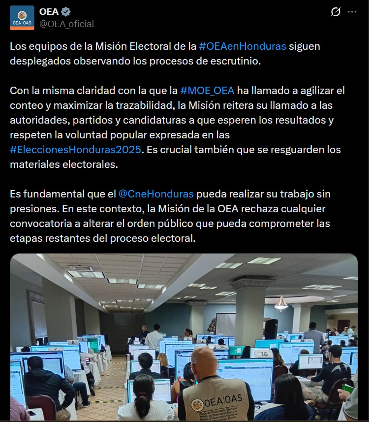 OEA OEA pide respeto a los resultados y advierte contra llamados a alterar el orden público en Honduras