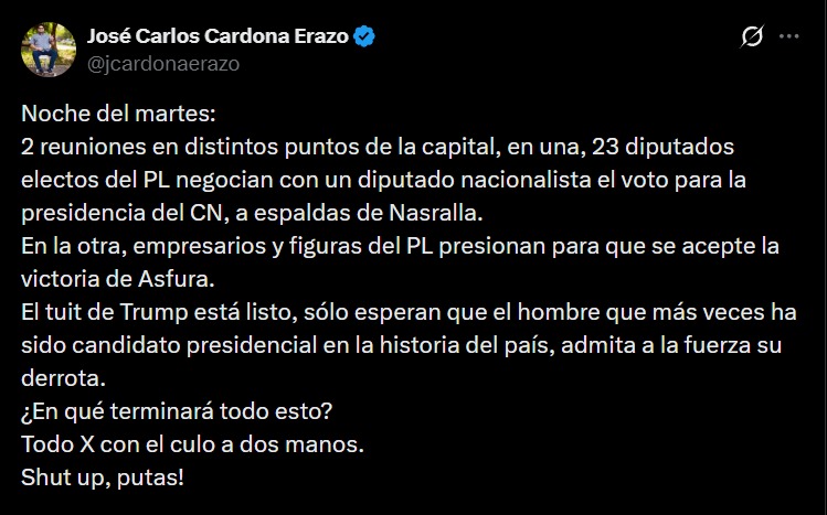 José Carlos Cardona afirma que 23 diputados electos del PL negocian con un nacionalista la presidencia del CN