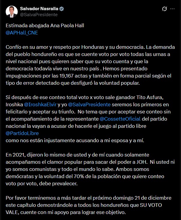 Salvador Nasralla Salvador Nasralla pide a Ana Paola Hall conteo voto por voto y promete promete aceptar triunfo de Asfura si gana