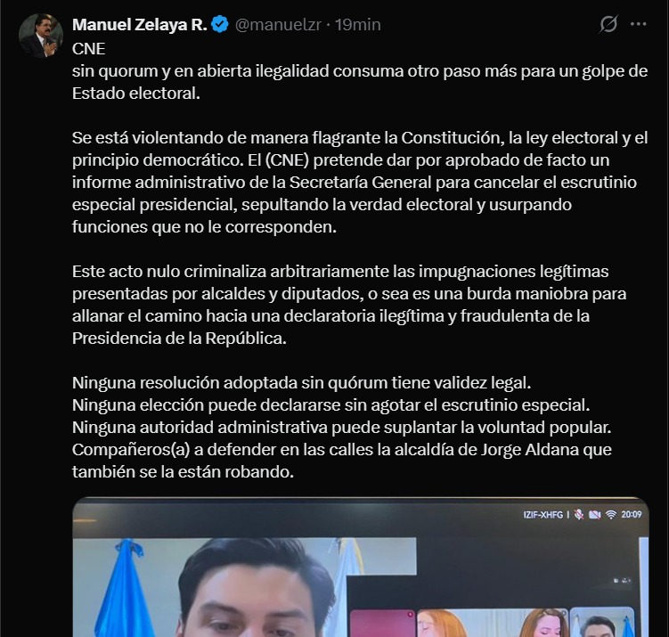 Manuel Zelaya (2) Manuel Zelaya acusa al CNE de consumar un “golpe de Estado electoral” y llama a las calles