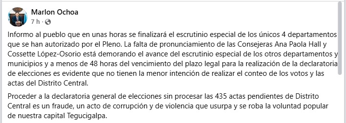 Marlon Ochoa Marlon Ochoa alerta sobre retrasos en escrutinio y riesgo de 'fraude' en Distrito Central