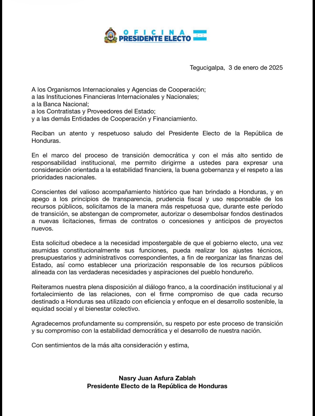 Nasry Asfura Nasry Asfura solicita prudencia financiera a organismos y proveedores durante transición en Honduras