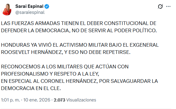 Saraí Espinal llama a las Fuerzas Armadas a defender la democracia en Honduras