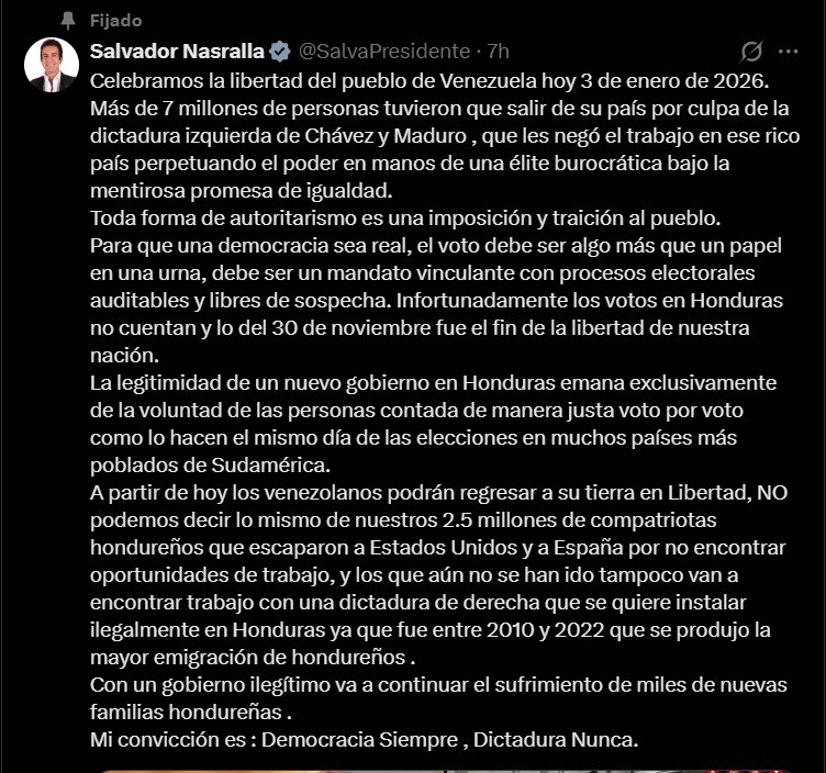 Nicolás Maduro Salvador Nasralla reacciona a la captura de Maduro y celebra la libertad de Venezuela