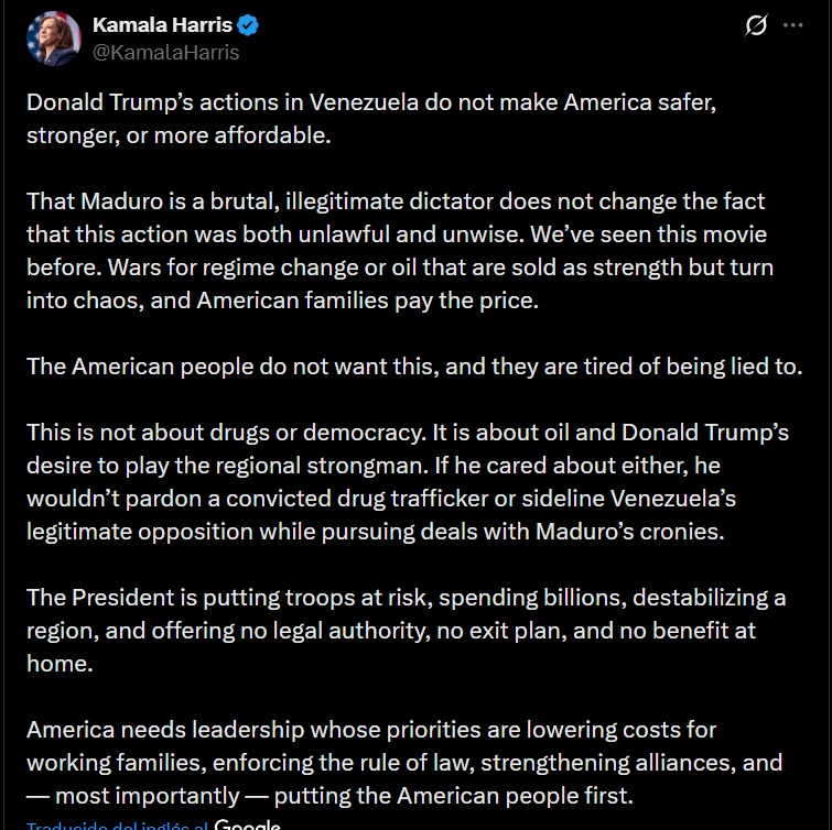Kamala Harris critica operación de Estados Unidos contra Nicolás Maduro