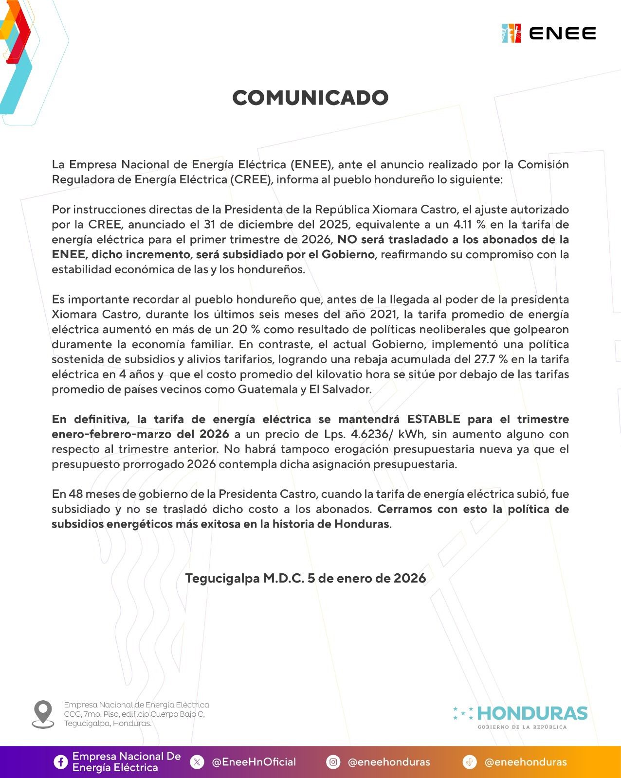 Gobierno subsidiará ajuste en la tarifa eléctrica y mantiene estable el costo para los abonados