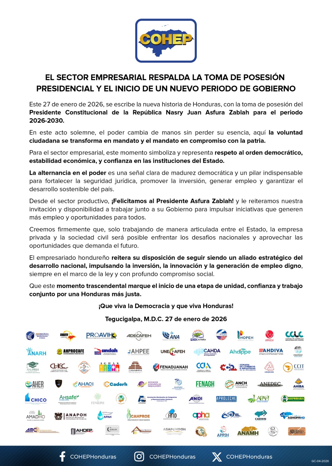 Cohep Sector empresarial respalda la toma de posesión presidencial y el inicio del nuevo gobierno